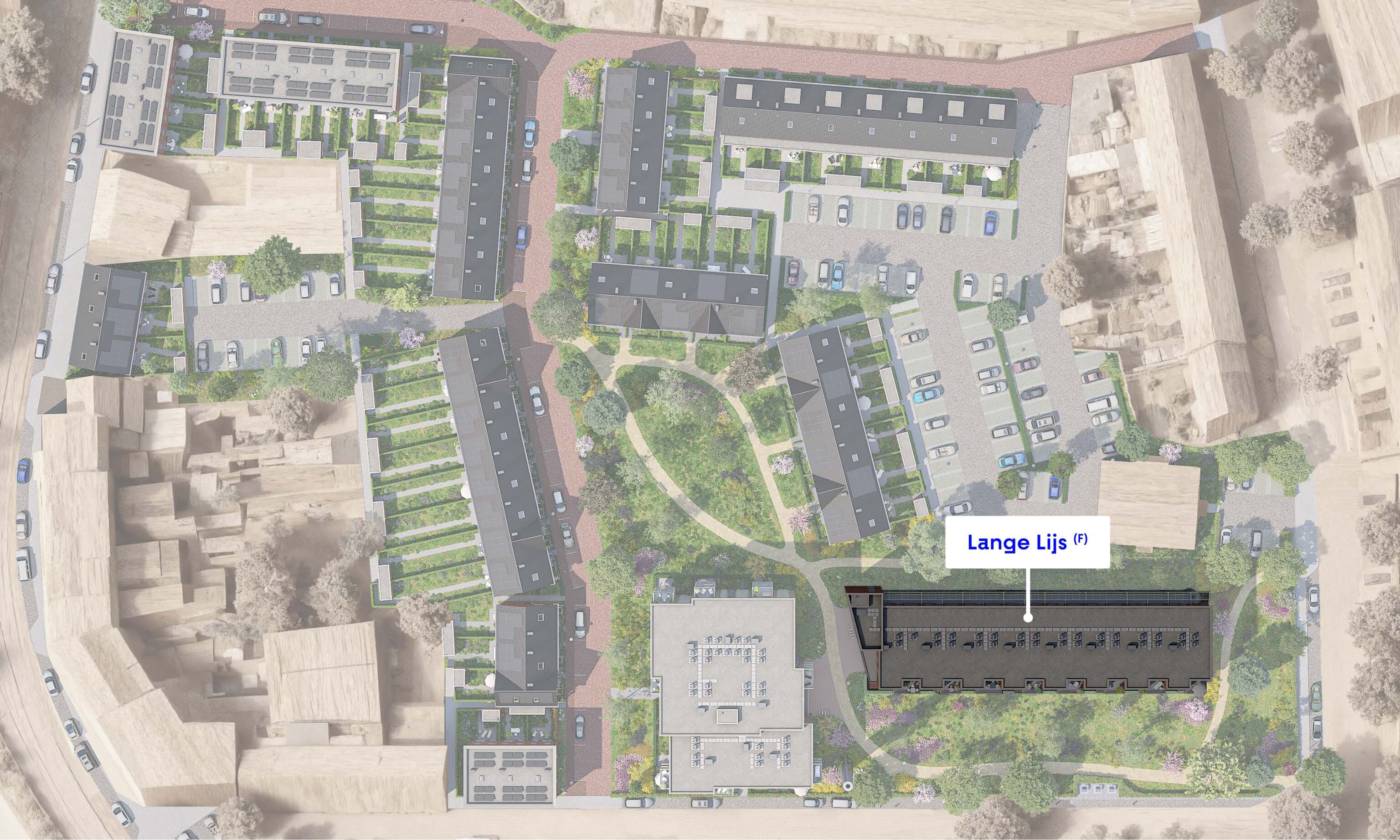 Impressis van bovenaanzicht, met daarop aangegeven wat gebouw F is.
